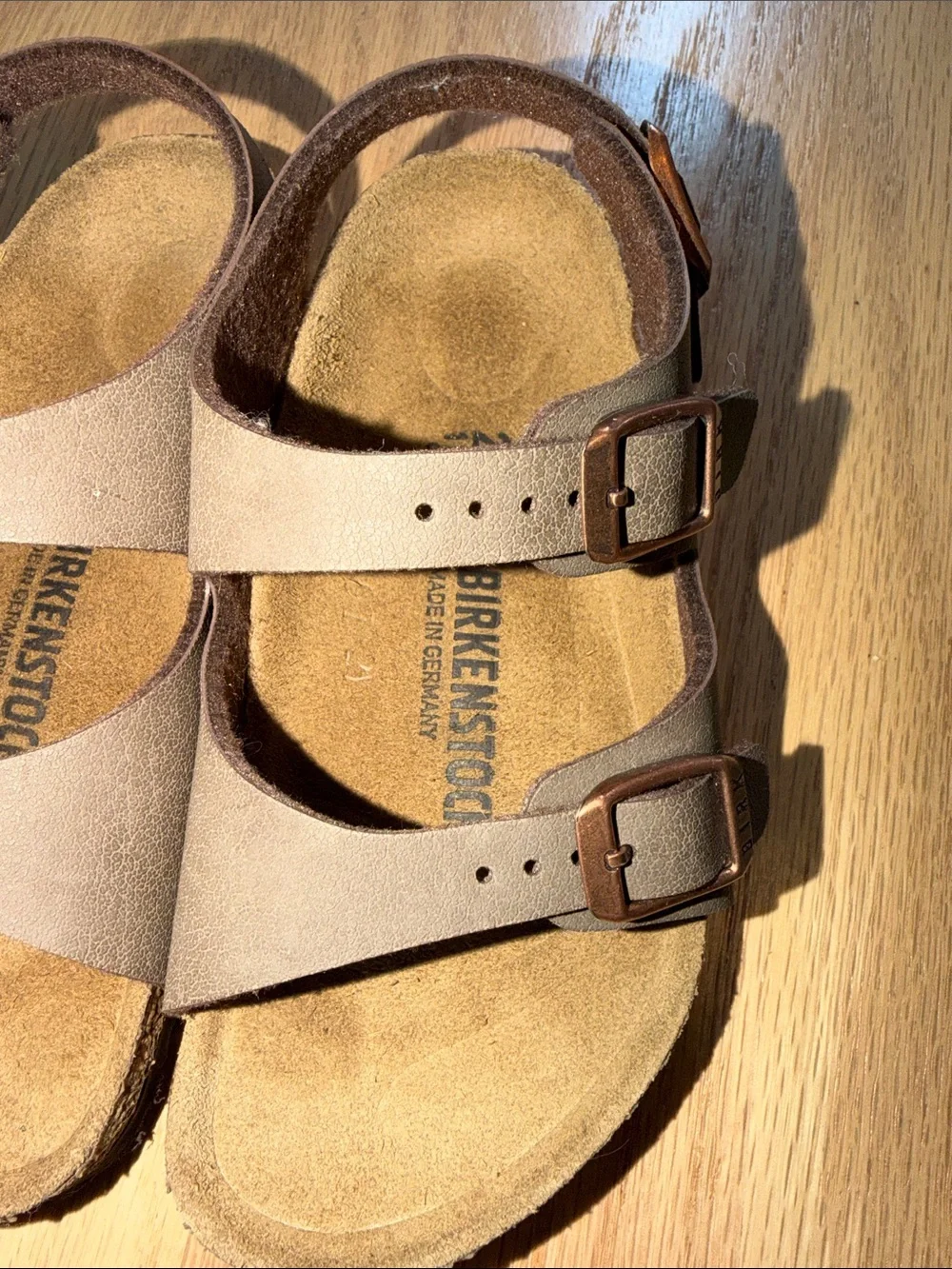 Birkenstock Kids Taupe Two-Strap Sandals with Bronze Buckles